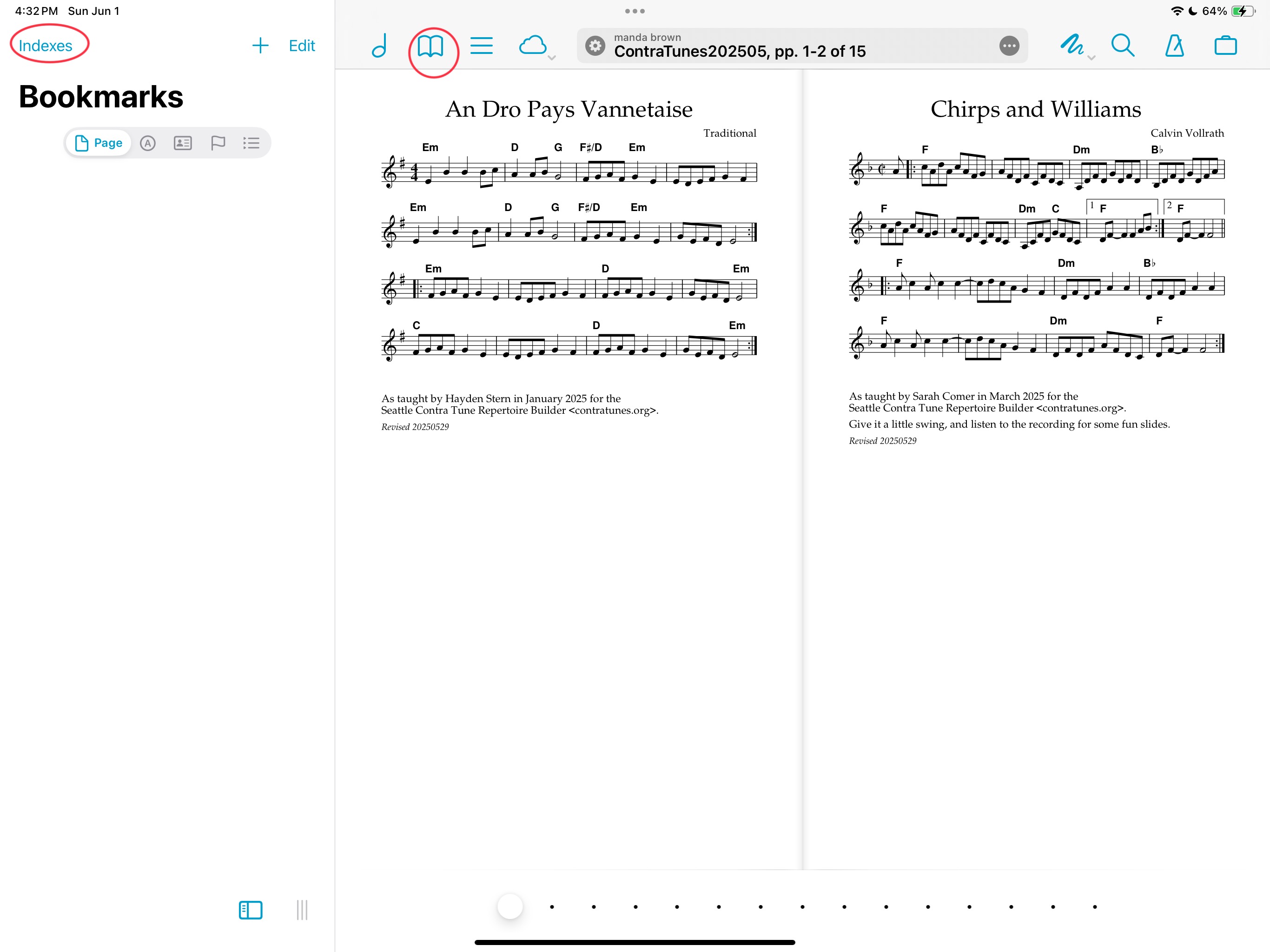 Screenshot of the Contra Tunes Score with the Bookmarks open.