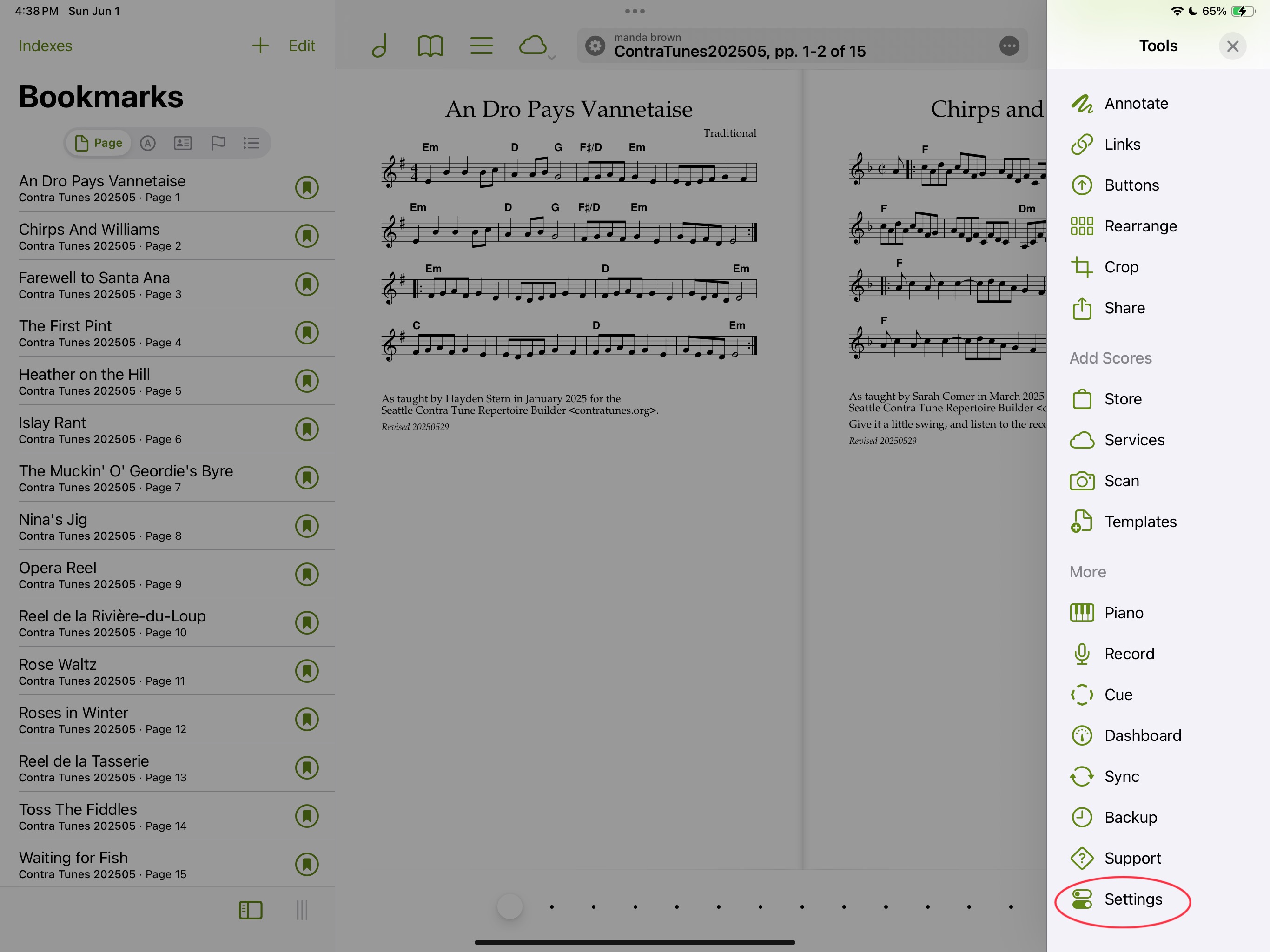 Screenshot of the forScore tools menu, with the Settings option highlighted.